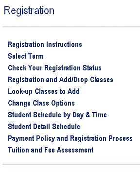 WebSTAR Student Registration Menu